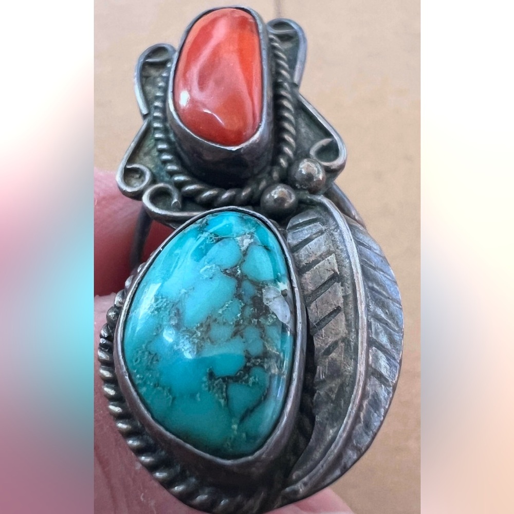 8 Vintage Native American CORAL silver Heavy TURQUOISE Ring large statement